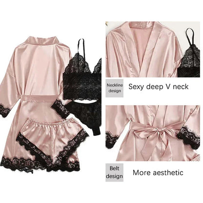 Peignoir sexy 4 pièces pour Femme en satin de soie