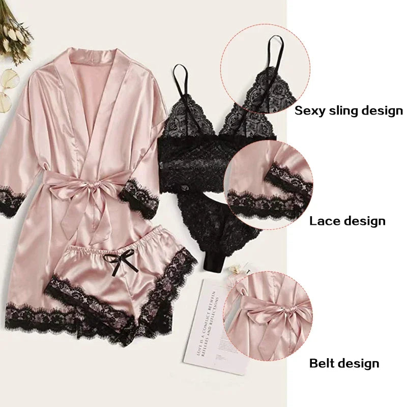 Peignoir sexy 4 pièces pour Femme en satin de soie