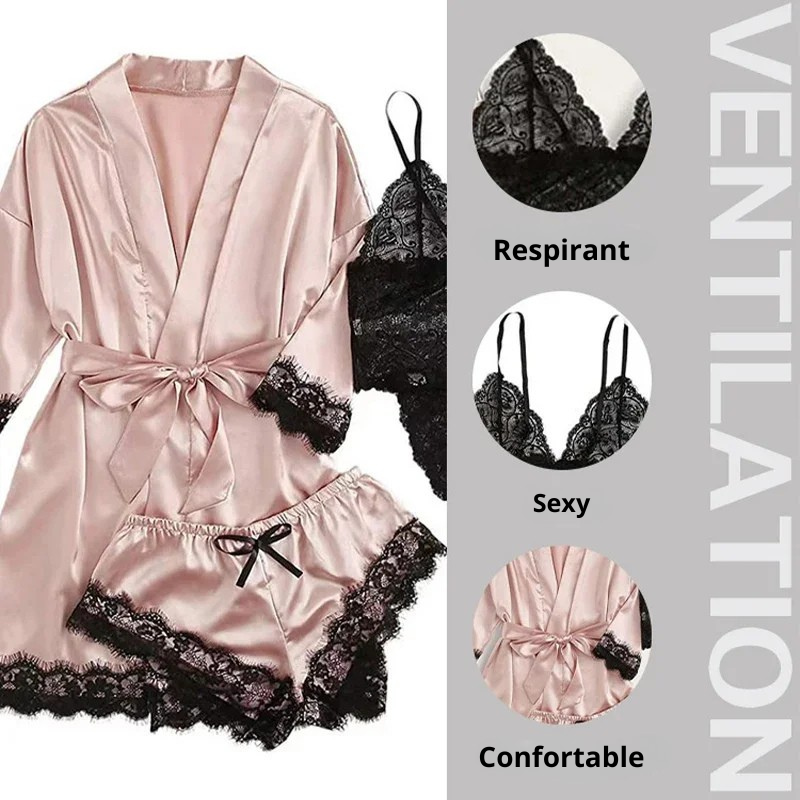 Peignoir Femme Sexy 4 pièces en satin de soie
