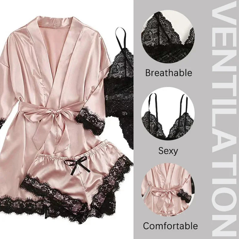 Peignoir sexy 4 pièces pour Femme en satin de soie