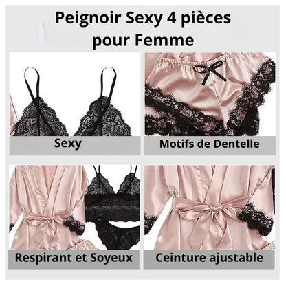 Peignoir Femme Sexy 4 pièces en satin de soie
