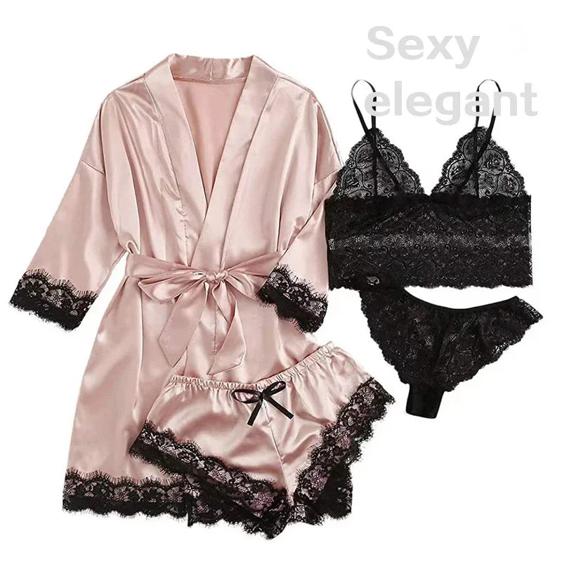 Peignoir sexy 4 pièces pour Femme en satin de soie