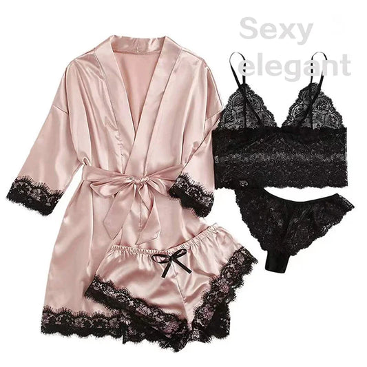 Peignoir sexy 4 pièces pour Femme en satin de soie
