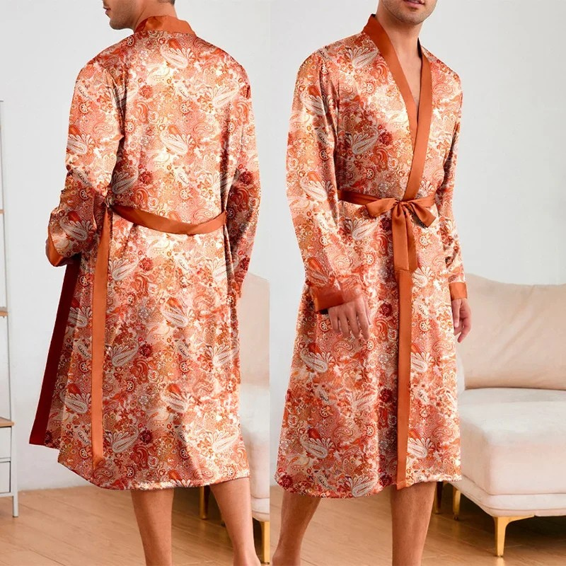 Peignoir Homme Satin Imprimé Floral Rouille Orange