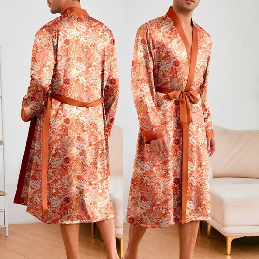 Peignoir Homme Satin Imprimé Floral Rouille Orange