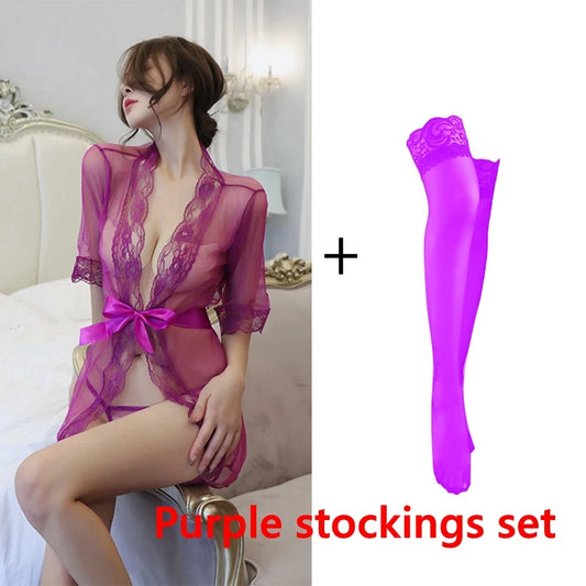 Peignoir Ultra Sexy et Transparent Polyester/Élasthanne + Bas