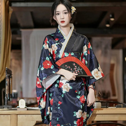 Kimono Japonais Satin Floral Polyester Femme
