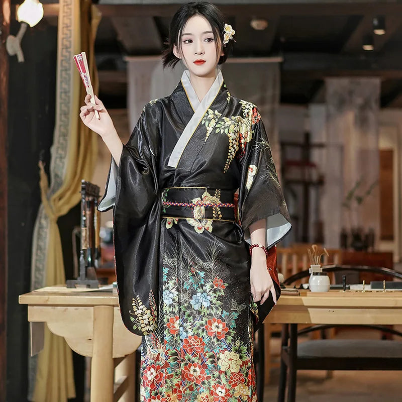 Kimono Japonais Satin Floral Polyester Femme