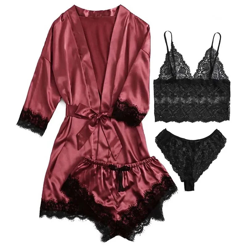 Peignoir sexy 4 pièces pour Femme en satin de soie